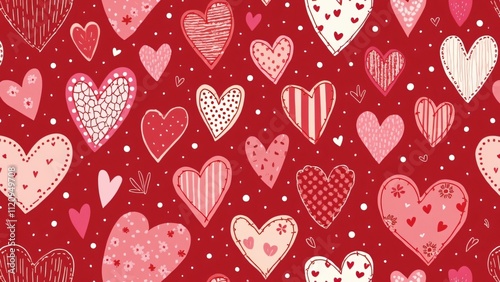 Red Valentine's Day Seamless Pattern, Charming Patchwork Hearts and Polka Dots