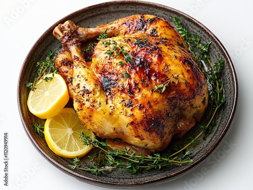 A beautifully roasted chicken garnished with fresh herbs and lemon slices, presented on a rustic plate.
