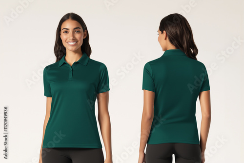 a woman wearing a green polo shirt mockup template, front and back views