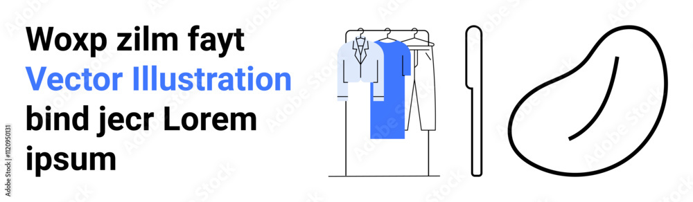 Clothing rack with shirts, dress, and pants. Abstract bean shape and text placeholder. Ideal for fashion, retail, interior design, branding creativity modern art marketing. Landing page