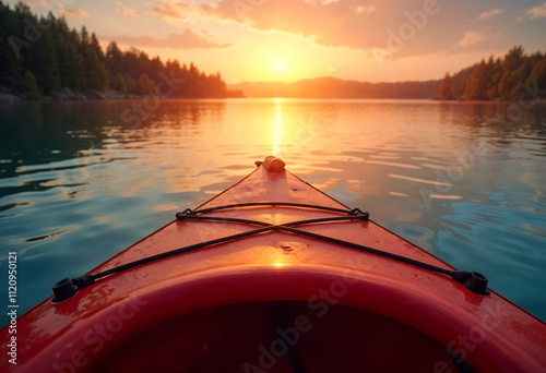 The nose of the red kayak over the surface of the lake and a paddle lying across the kayak