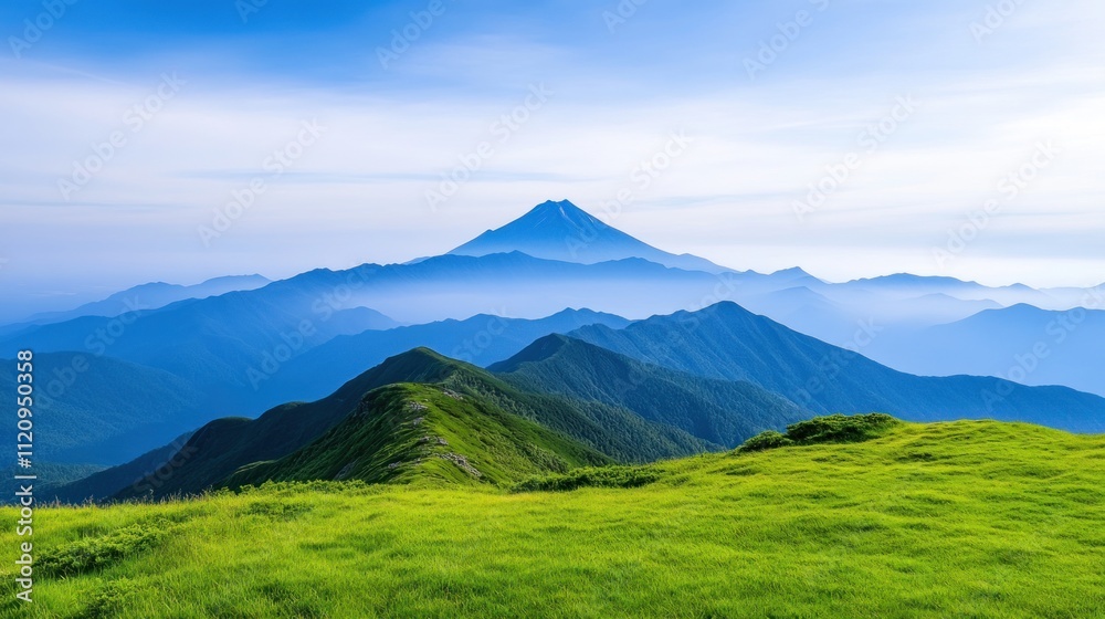 Serene mountain landscape with lush greenery and distant peaks. Serene mountain landscape with lush greenery and distant peaks.