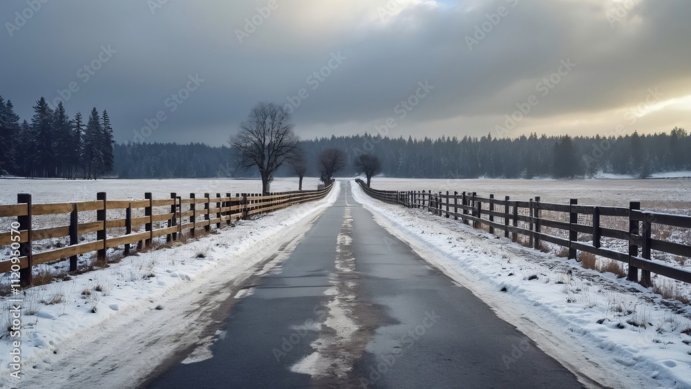 Naklejka premium Winter Wonderland Road to Equestrian Center, Snow-Covered Landscape Photography