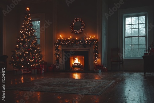 Christmas tree, fireplace, and candles in a dark room, creating a cozy Christmas night atmosphere, perfect for a festive wallpaper.