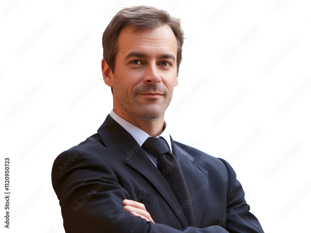 Confident businessman in a black suit with a subtle smile, isolated on transparent or white background Confident businessman in a black suit with a subtle smile, isolated on transparent or white background