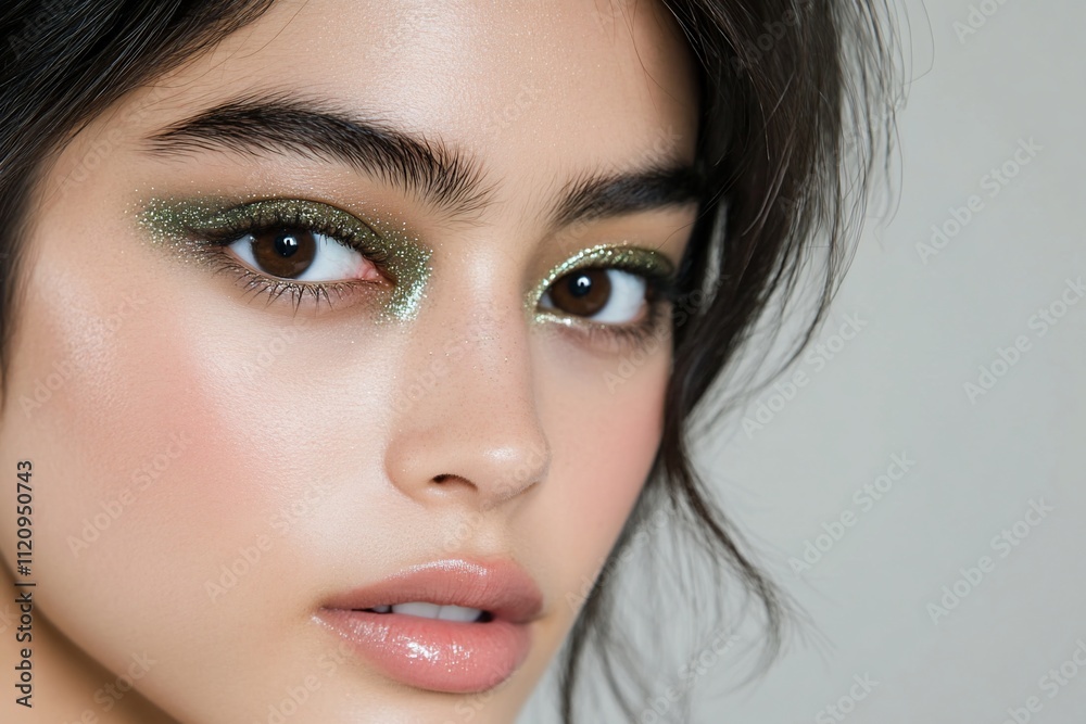 Fototapeta premium Close-up of a model showcasing vibrant green eye makeup.