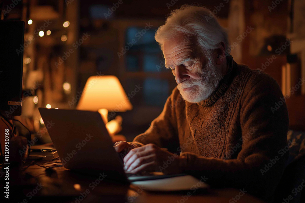 elderly man joyfully browsing for Christmas gifts at a modern desk, with a cup of hot chocolate on a festive winter evening. The warm, brown tones of the scene add to the cozy, holiday spirit, creati elderly man joyfully browsing for Christmas gifts at a modern desk, with a cup of hot chocolate on a festive winter evening. The warm, brown tones of the scene add to the cozy, holiday spirit, creati