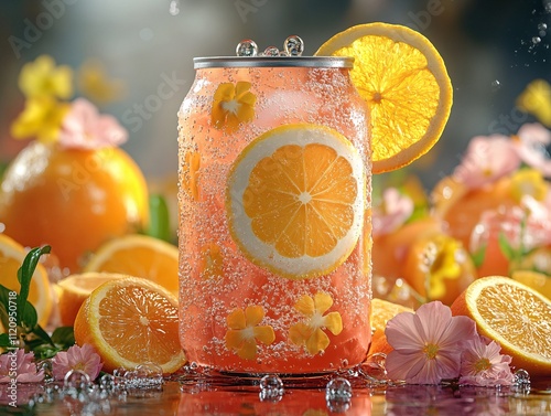 A vibrant soda can with lemon slices and flowers, surrounded by fresh oranges and citrus, creating a refreshing and colorful scene.