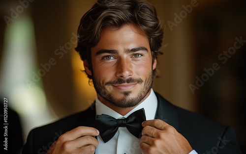 A groom, handsome and nervous, meticulously adjusts his bow tie, a moment of quiet anticipation before the big day. photo