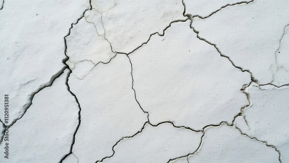 Obraz premium High-Resolution Texture of White Cracked Cliff Face, Detailed Aerial View of Dry, Weathered Rock Surface with Numerous Cracks and Crevices