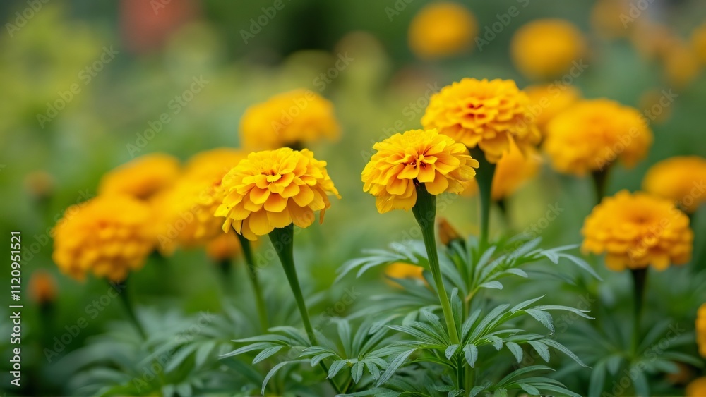 Vibrant Yellow Marigolds in a Garden, Close-Up Macro Photography of Blooming Flowers with Soft Focus and Natural Lighting Vibrant Yellow Marigolds in a Garden, Close-Up Macro Photography of Blooming Flowers with Soft Focus and Natural Lighting