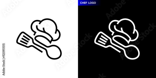 Vector design template of restaurant logo. Chef hat, spoon, fork, menu, dishes. Icon symbol EPS 10.