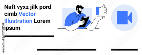 Businessman holding tablet, giving thumbs up, video icon. Ideal for business advice, online consultation, virtual meetings, customer feedback, webinars, tutorials, marketing. Landing page