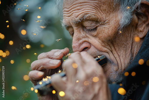 An elderly man playing a harmonica, surrounded by dancing fireflies