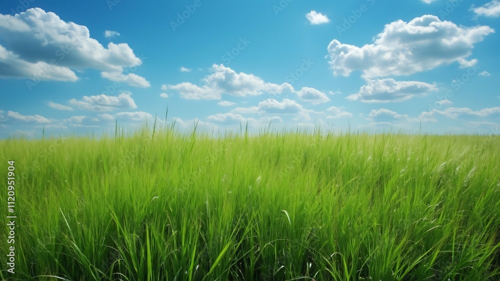 Serene Green Grass Field Under a Vivid Blue Sky with Fluffy White Clouds - Stunning Nature Landscape Photography Serene Green Grass Field Under a Vivid Blue Sky with Fluffy White Clouds - Stunning Nature Landscape Photography