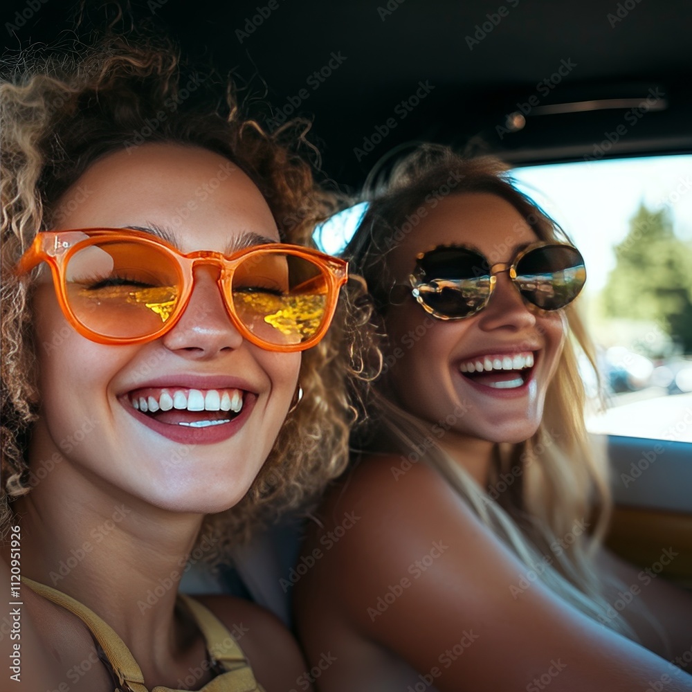 Friends Enjoying a Joyful Summer Day While Driving Down a Scenic Road in Stylish Sunglasses and Vibrant Outfits Filled With Laughter and Sunshine Friends Enjoying a Joyful Summer Day While Driving Down a Scenic Road in Stylish Sunglasses and Vibrant Outfits Filled With Laughter and Sunshine