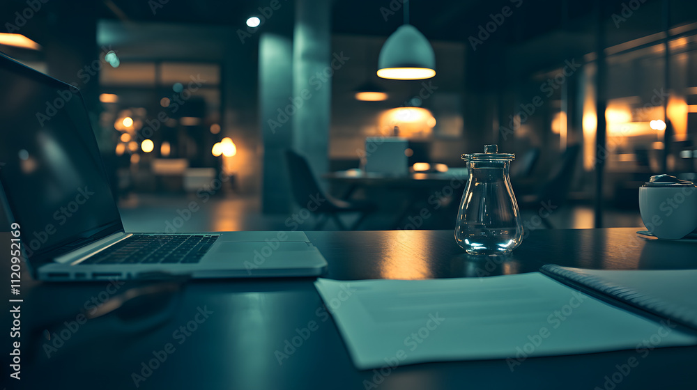 Laptop, documents, and glass decanter on a dark desk in a dimly lit modern office. Blurred background shows empty chairs and warm lighting. Laptop, documents, and glass decanter on a dark desk in a dimly lit modern office. Blurred background shows empty chairs and warm lighting.
