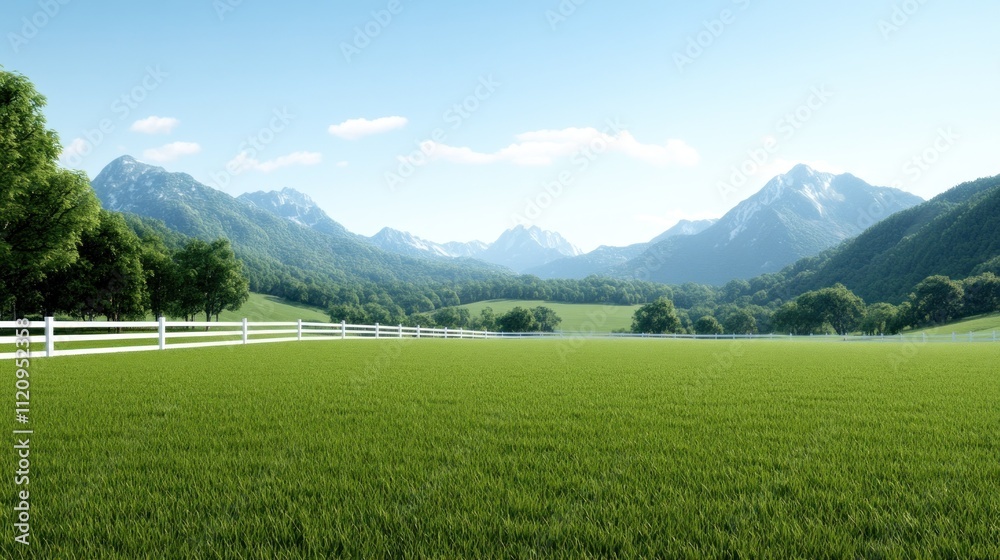 Obraz premium Serene landscape with mountains, green fields, and a white fence.