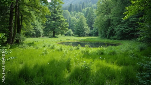 Lush Green Meadow with Pond, Diverse Trees & Swamp Background, Serene Nature Scene photo