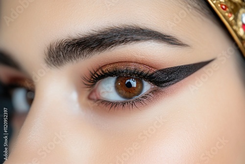 Close-up of a woman's eye with dramatic winged eyeliner and eyeshadow.
