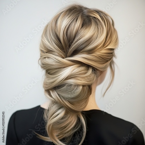 Elegant Blonde Hairstyle: Back View of a Woman with a Luxurious Updo photo