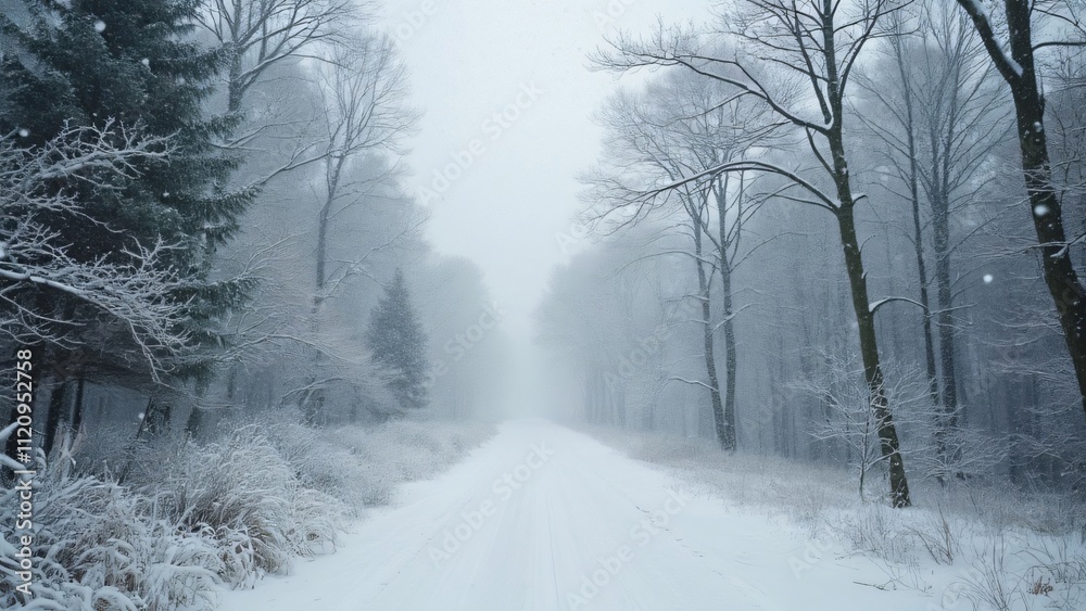 Fototapeta premium West Virginia Winter Blizzard, Snow Covered Trees and Foliage on a Snowy Road