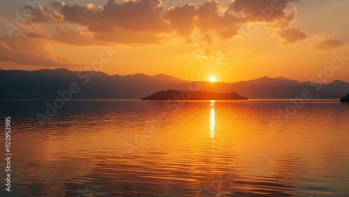 Golden Sunset over Lake Margreina, Greece, Serene Lake Landscape with Mountains and Golden Hour Reflections