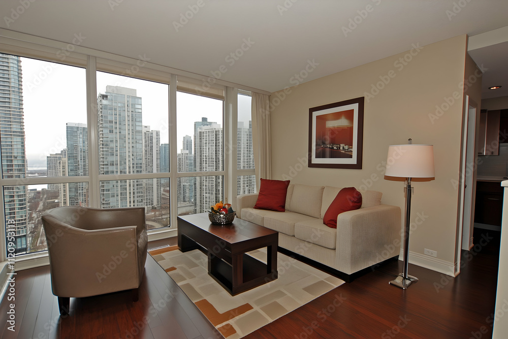 Modern living room with city view, hardwood floors, sofa, chair, and coffee table. Modern living room with city view, hardwood floors, sofa, chair, and coffee table.