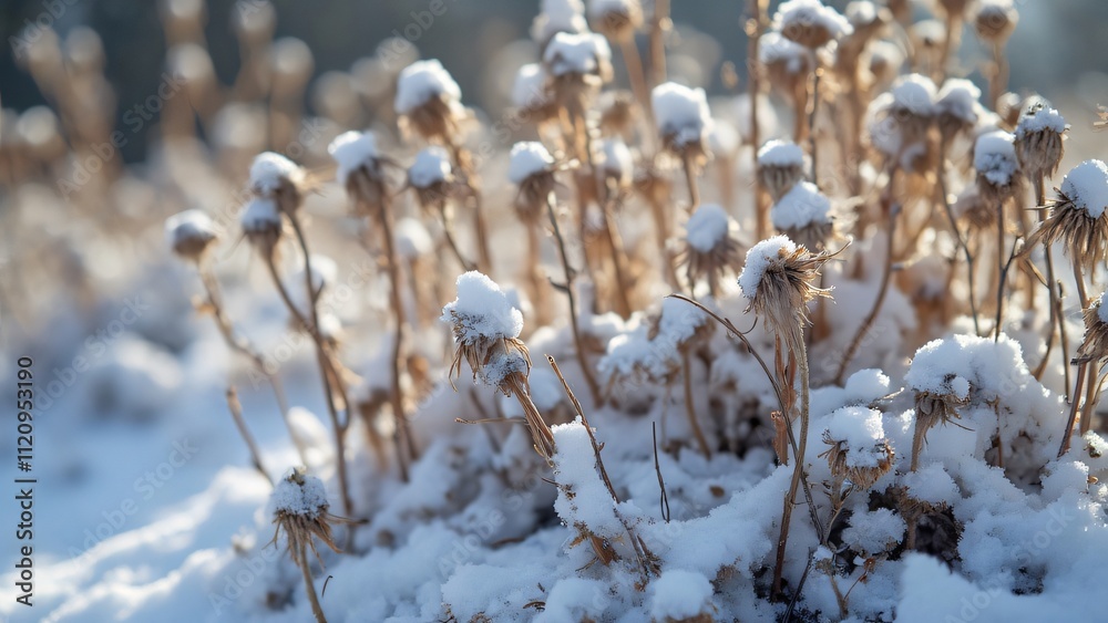 Close-up of Snow-Covered Dried Plants, A Muted Winter Landscape Photography Close-up of Snow-Covered Dried Plants, A Muted Winter Landscape Photography