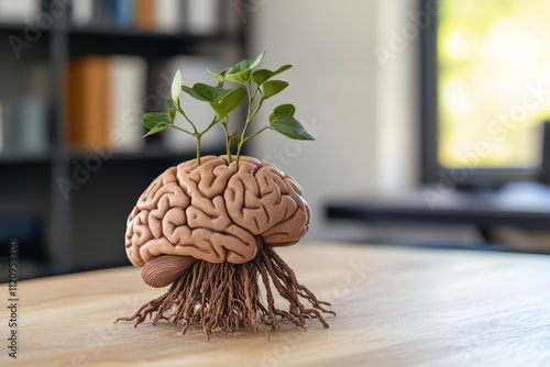 A brain with roots growing out of it, placed on a sleek, modern desk photo