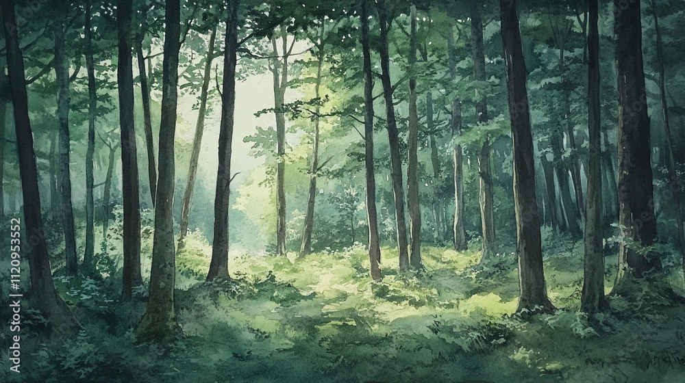 Lush green forest illuminated by gentle sunlight during early morning hours Lush green forest illuminated by gentle sunlight during early morning hours