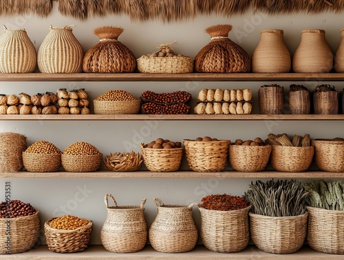 Ecoconscious market design with clay walls and thatched roofing, built to adapt to rural climates and environments photo