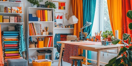 An artistically arranged design studio filled with colorful fabrics, design samples, and creative tools, inspiring innovation photo