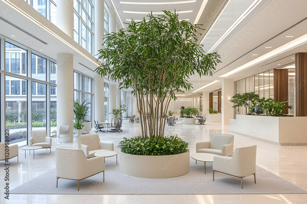 Modern office lobby with large plants and comfortable seating. Modern office lobby with large plants and comfortable seating.