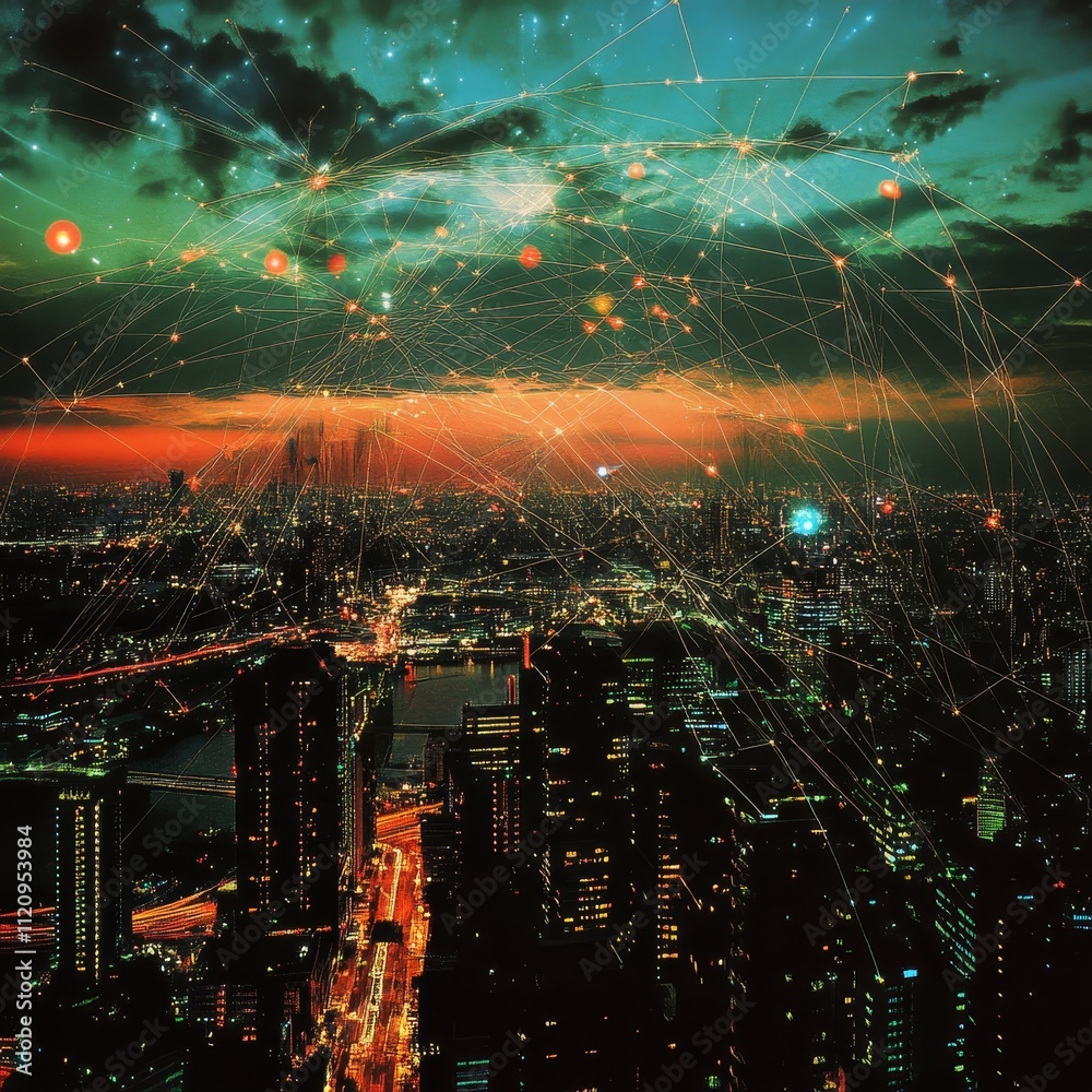 City Skyline Illuminated at Dusk With Vibrant Colors and Digital Connections in the Sky City Skyline Illuminated at Dusk With Vibrant Colors and Digital Connections in the Sky