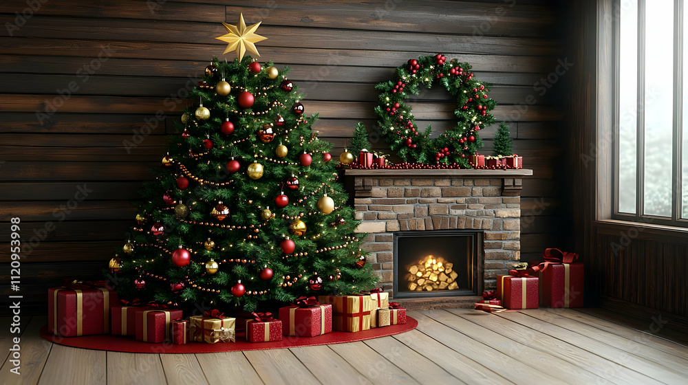 Cozy Christmas Tree Decorated with Red and Gold Ornaments near Fireplace Cozy Christmas Tree Decorated with Red and Gold Ornaments near Fireplace