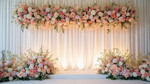 Elegant Pastel Wedding Backdrop, Cascading Floral Arrangements and White Curtains