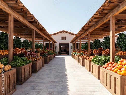 Rural market with a central covered area, surrounded by semiopen stalls made from locallysourced timber photo