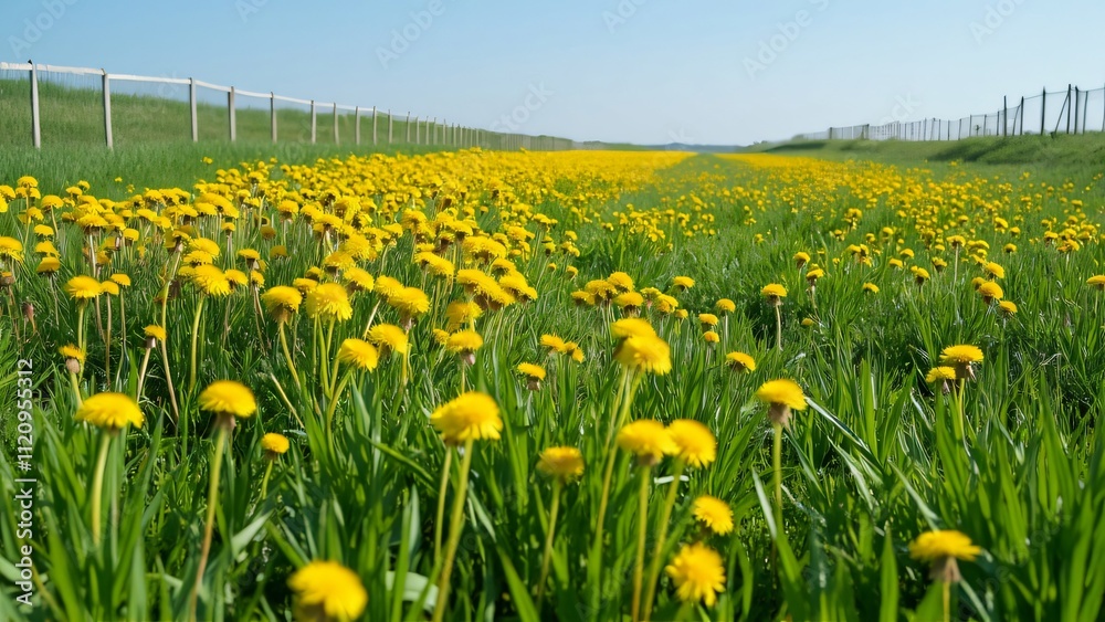 Endless Field of Dandelions, Lush Green Grass, Blue Sky, Wooden Fence - Spring Meadow Landscape Endless Field of Dandelions, Lush Green Grass, Blue Sky, Wooden Fence - Spring Meadow Landscape