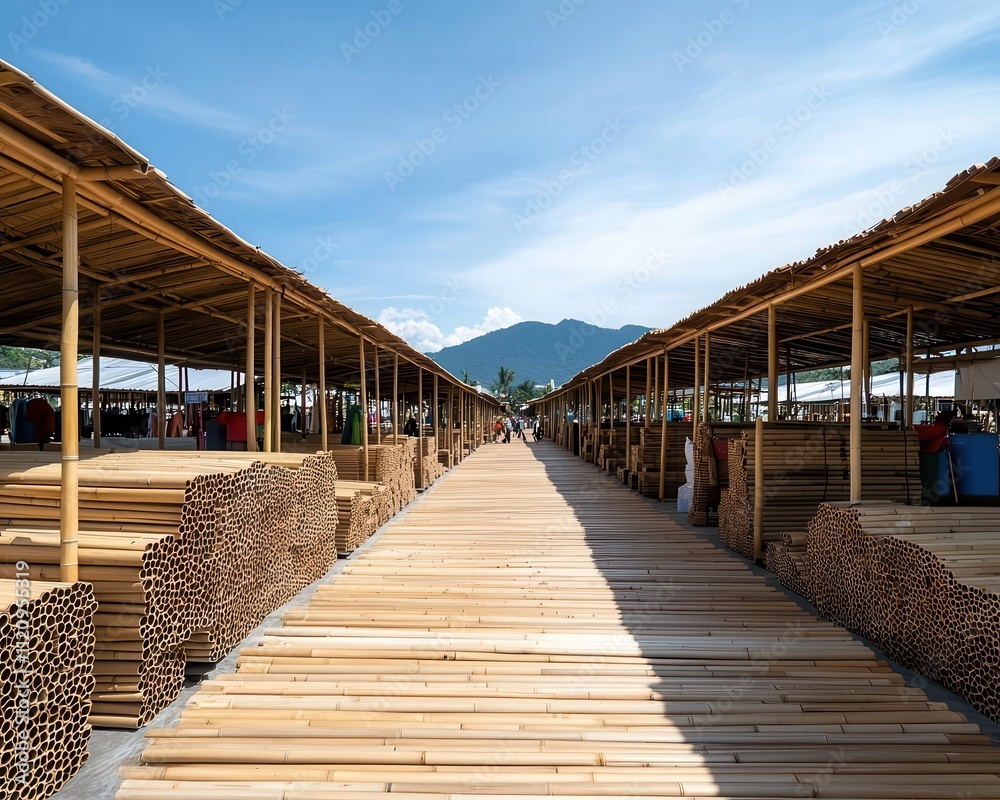 Lowcost, modular market stalls made from locally sourced bamboo, easy to assemble and dismantle for seasonal use