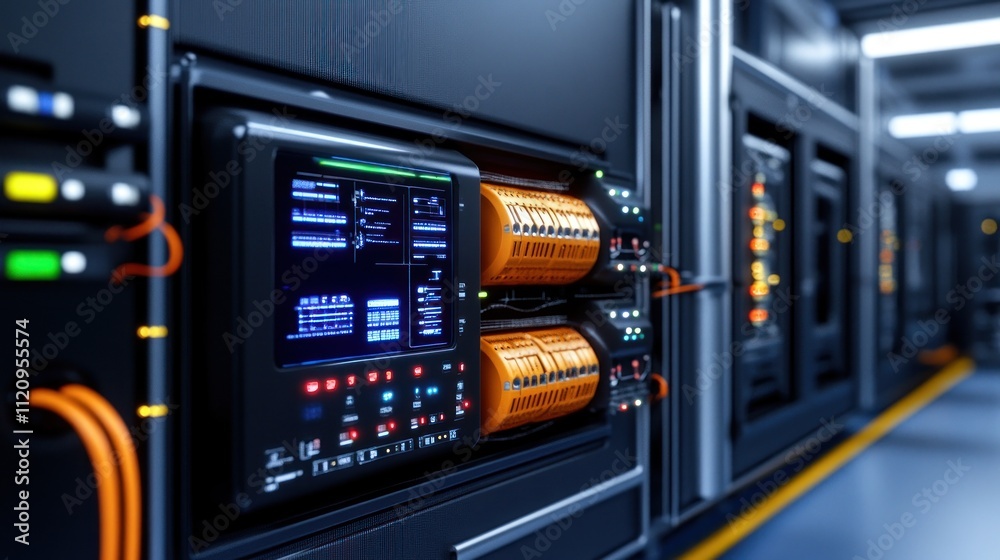 Close-up of advanced server equipment in a data center. Close-up of advanced server equipment in a data center.