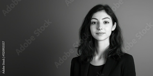 Black-and-white studio portrait of a young professional against a plain background