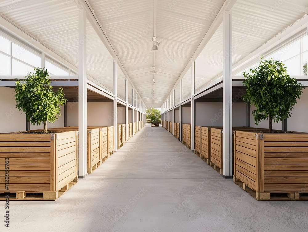 Modular market structure with movable stalls, designed for rural farmers to easily transport and set up their goods Modular market structure with movable stalls, designed for rural farmers to easily transport and set up their goods