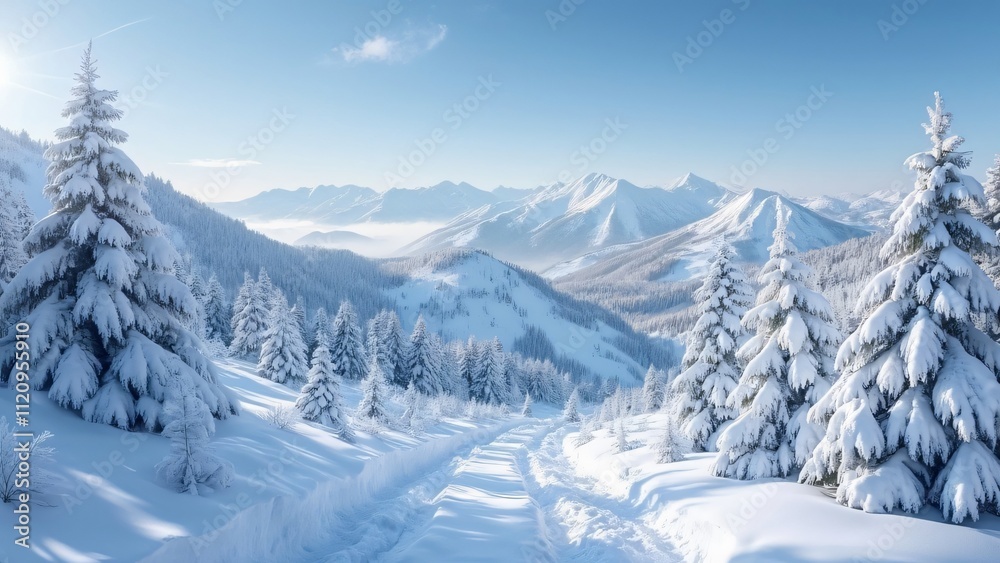 Serene Winter Wonderland, Snow-Covered Mountains and Pine Trees Serene Winter Wonderland, Snow-Covered Mountains and Pine Trees
