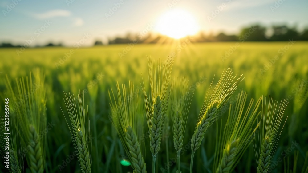 Fototapeta premium Stunning Sunset Over Lush Green Wheat Field, Idyllic Countryside Scenery