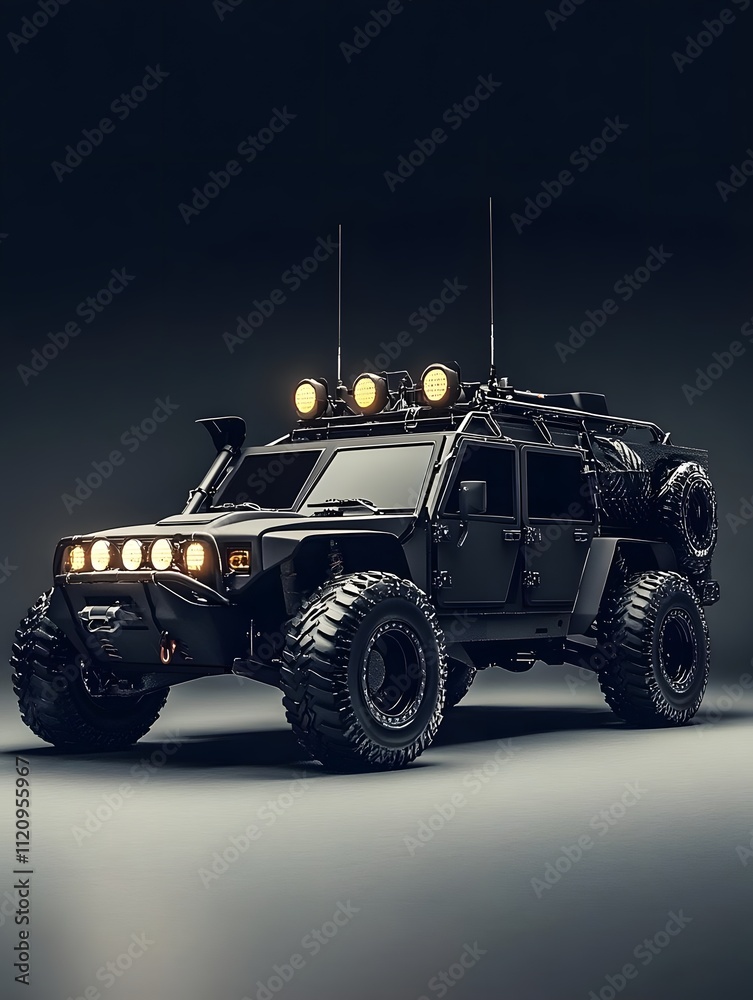A rugged, black off-road vehicle equipped for adventure and exploration. A rugged, black off-road vehicle equipped for adventure and exploration.