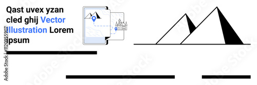 Tablet displaying a map with a location pin, web page imagery. Includes pyramids and location icon. Ideal for travel guides, tourism apps, educational content, marketing, presentations, blogs