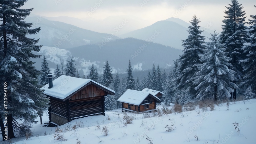 Snow-Covered Carpathian Mountains, Winter Landscape with Wooden Houses and Pine Forests Snow-Covered Carpathian Mountains, Winter Landscape with Wooden Houses and Pine Forests
