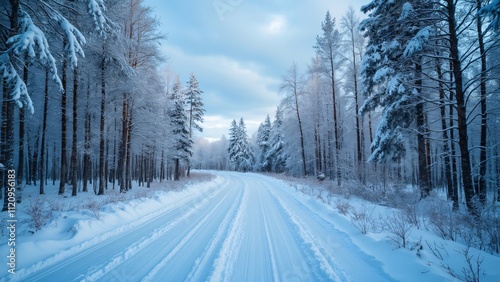 Snowy Forest Road near Vitebsk, Russia, Winter Wonderland Scene with Snow-Covered Trees and Serene Blue Sky photo