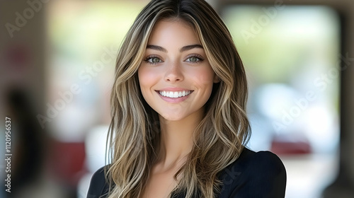 Radiant Smile, Confident Pose, Beautiful Woman,  Long Hair,  Smiling Face,  Attractive Appearance,  Happy Expression,  Positive Vibes,  Natural Beauty,  Gorgeous Look.